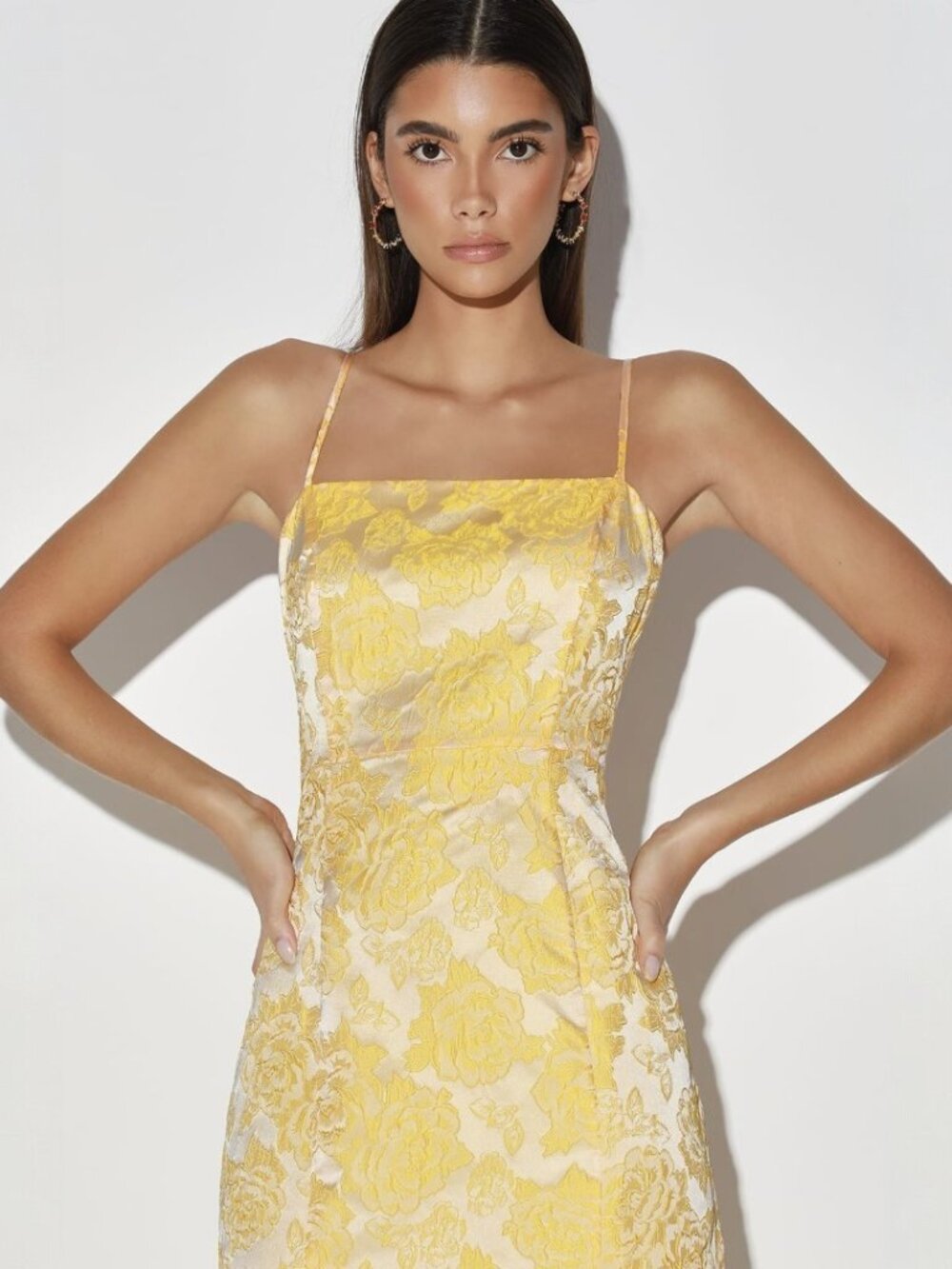 Lulus Bright Blooms Champagne and Yellow Floral Jacquard Maxi Dress NWT - Picture 2 of 10